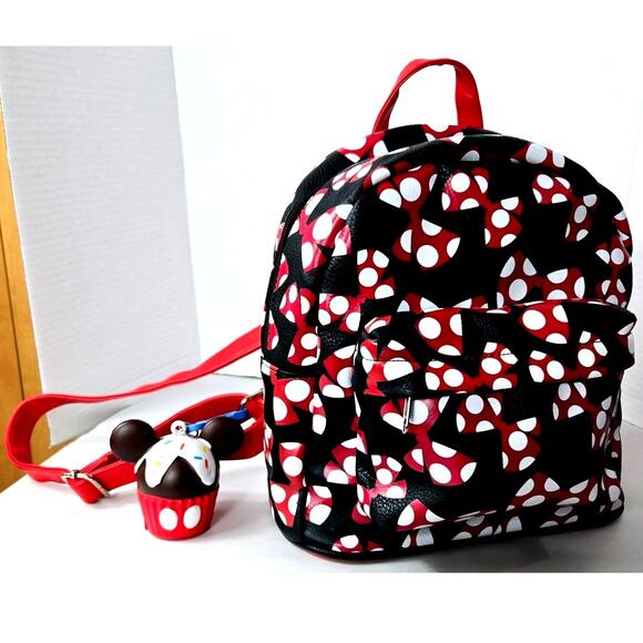 Disney Parks Backpack Minnie Mouse Large Bow Bag w/ Mickey Cupcake Keychain - Picture 1 of 13